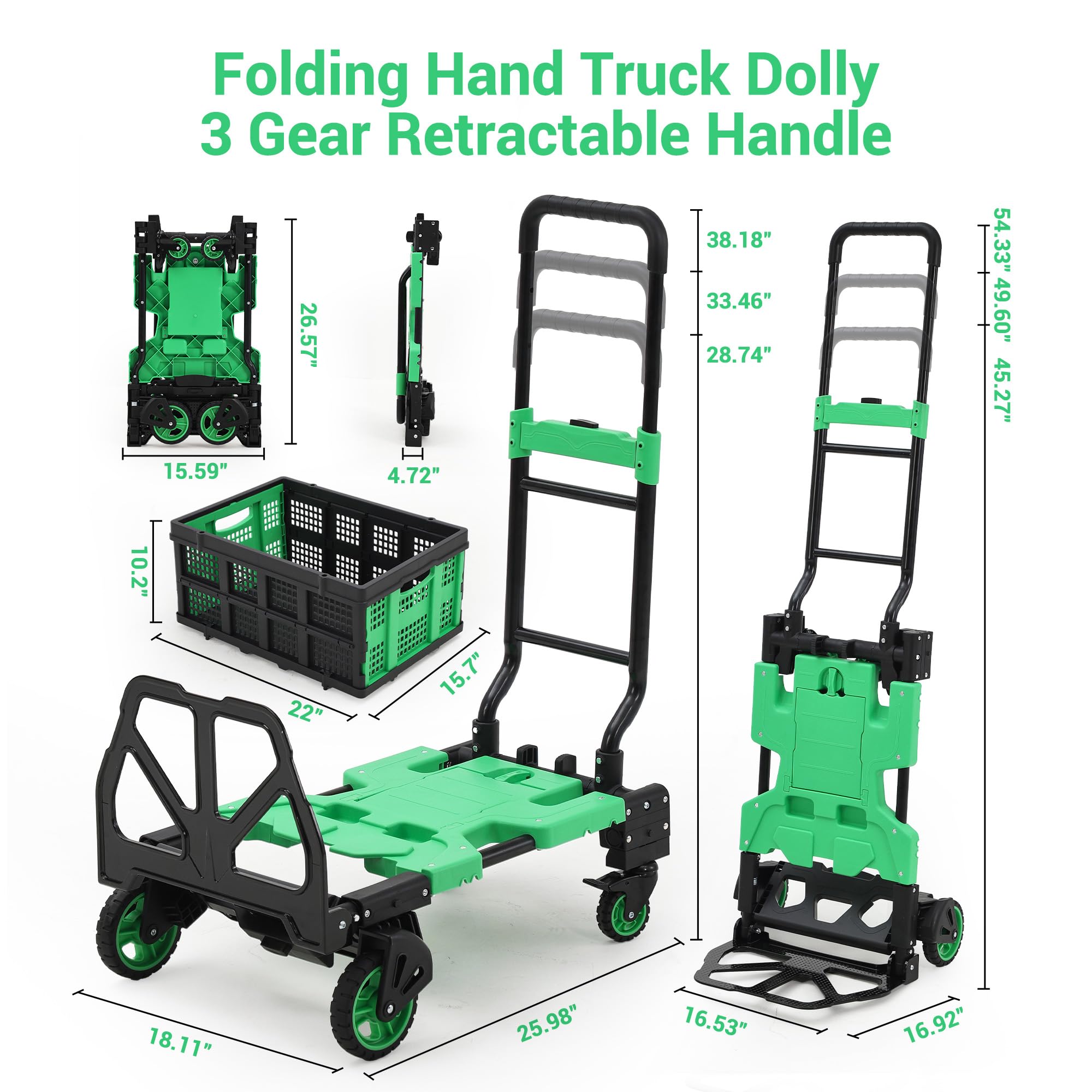 Garvee Carretilla de mano plegable 2 en 1, capacidad de carga de 150 kg con 2 cuerdas elásticas, carrito de plataforma de metal resistente con mango telescópico, carrito de mano portátil para almacén