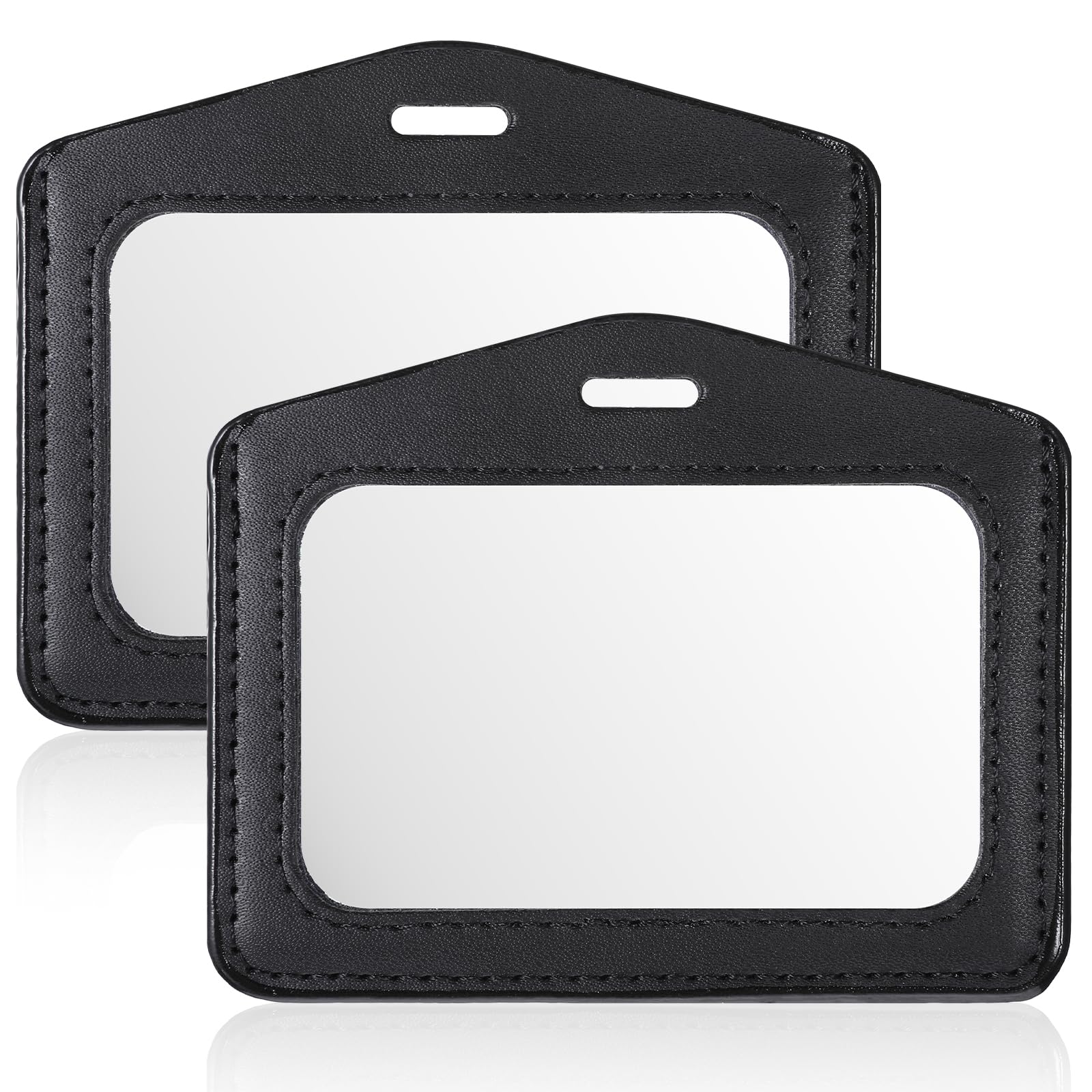 2Pcs Leather ID Badge Holder, Vertical Double-Sided Clear Black, PU PVC Card Holder for Office ID, School Badge, Employee Name Tag
