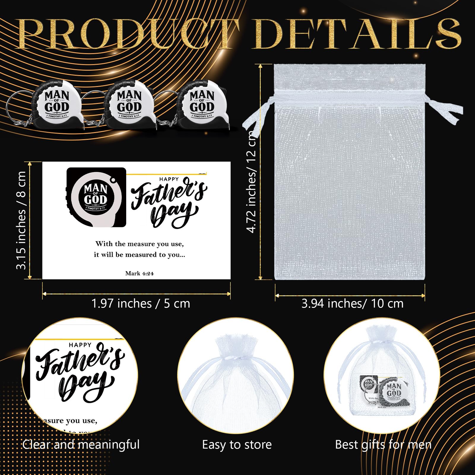 80 Sets Mann Gottes Geschenke Vatertag Mini Maßband Schlüsselanhänger Christian Einziehbares Maßband Taschengröße Messung mit religiösen Karten Taschen für Papa Kirche Pastor Pate