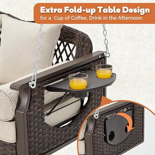 Miniatura 5 de Columpio de porche de 3 asientos, columpio de mimbre para patio con portavasos y 3 cojines traseros, columpio de patio con cadenas para terraza,