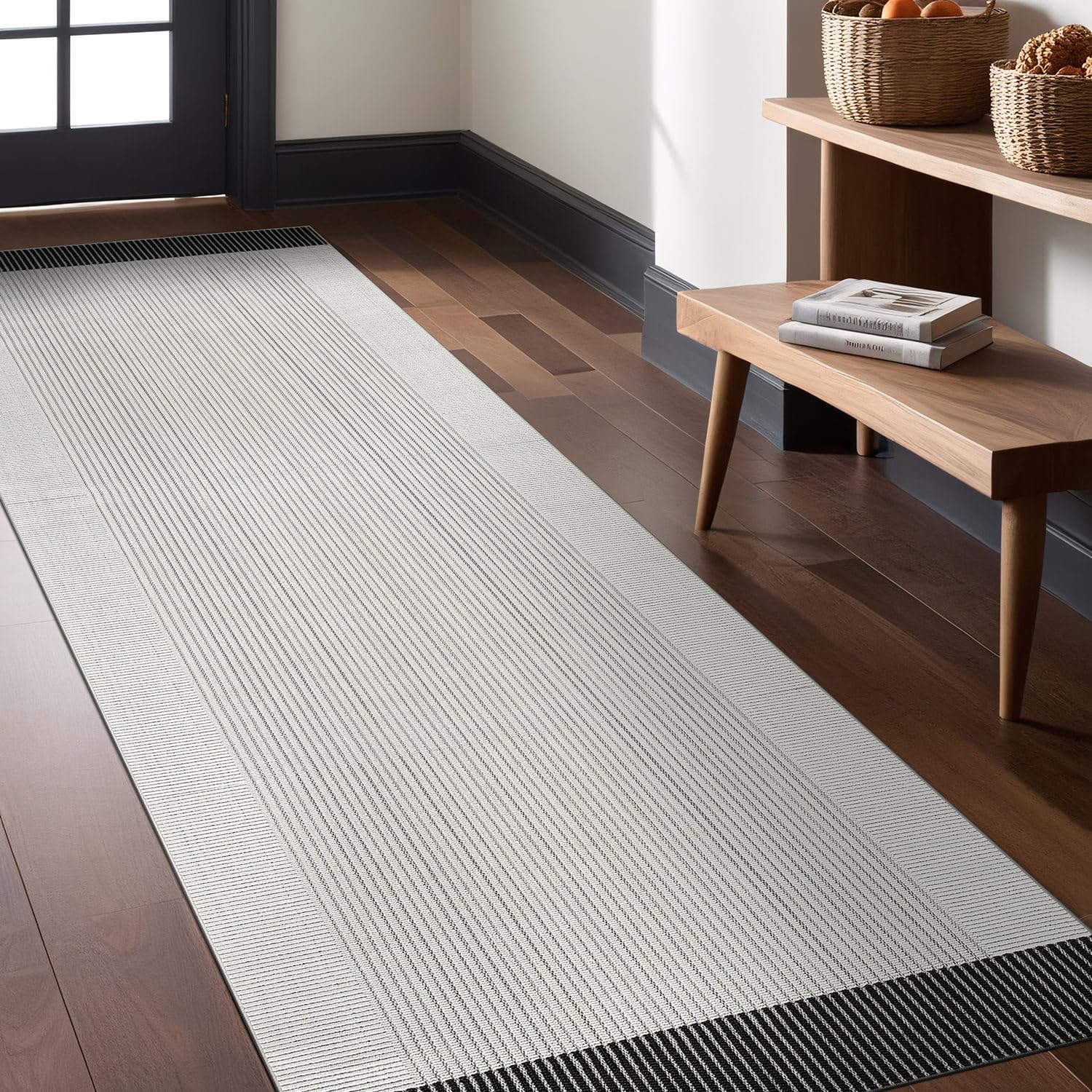 Luul Home Modern Micro Loop Indoor Runner Rugs for Living Room Bedroom Kitchen Geometric Striped Black-White 2x7 Luxury Durable Low and High Pile