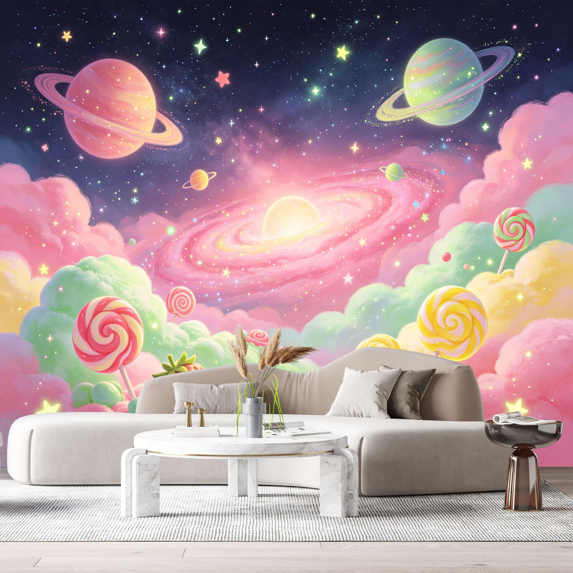 Custom Size Wall Murals Dreamy Galaxy Cosmic Planet Nebula Sugar Candy Strawberry Abstract Modern Art SelfAdhesiveWall Fabric Removable Wallpaper Wall Decor for Living Room Bedroom Bathroom