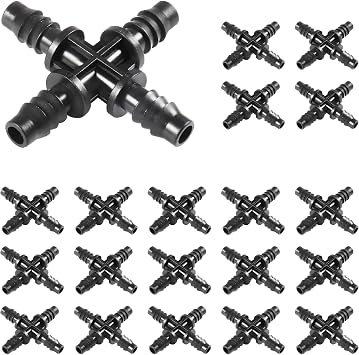 20Pcs 3/8 Inch 10mm Drip Irrigation Barbed 4-Way Cross Connectors, Universal Irrigation Fittings for 8-11mm Drip Tubing Line, Garden Lawn Greenhouse Flower Bed Plant