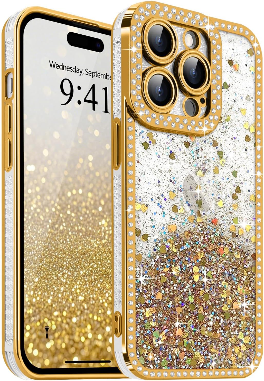 For iPhone 14 Pro Case Glitter Gradient Bling Sparkle Heart Sequins & Crystal Luxury Shiny Diamond Mobile Phone Case Transparent Silicone Case for Women Girls Shockproof Protective Case Gold