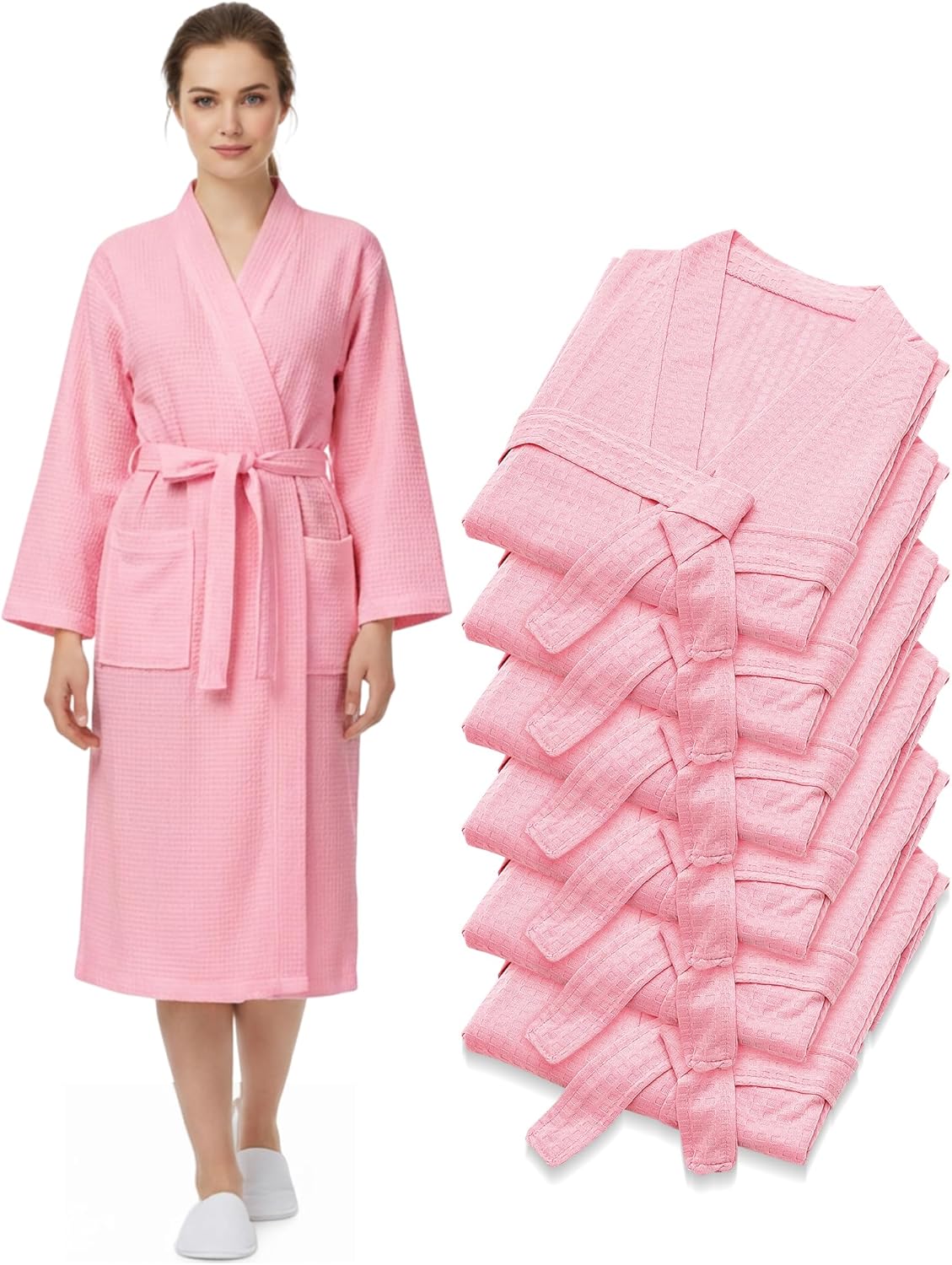 6 Pcs Women's Waffle Robes Spa Bath Robe Bulk Commercial Lightweight Thin Soft for Party Shower House
