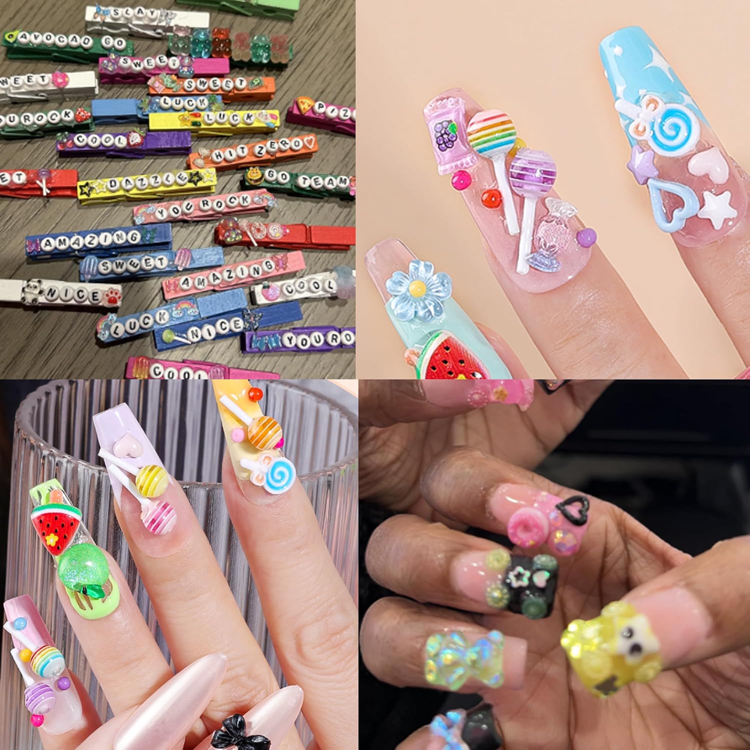 COOSLIM Kawaii 3D Candy Nail Charms Kit,Y2K Cartoon Gummy Bear Bees Fruit Pineapple Sweet Candy Lollipop Donut Ice Cream Cute Heart Star Bows Jewelry Nail Embellishments for Nail Art Craft (150PCS)