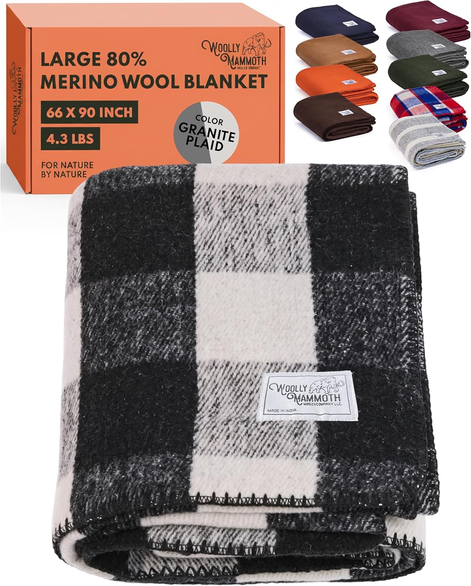 Woolly Mammoth Merino Wool Blanket, Washable Outdoor Throw Blanket, 66"x90" | Military Style Camping Blankets for Sleeping - Bushcraft, Car, Backpacking, Stadium, Camp Blanket - Survival Gear - Granite