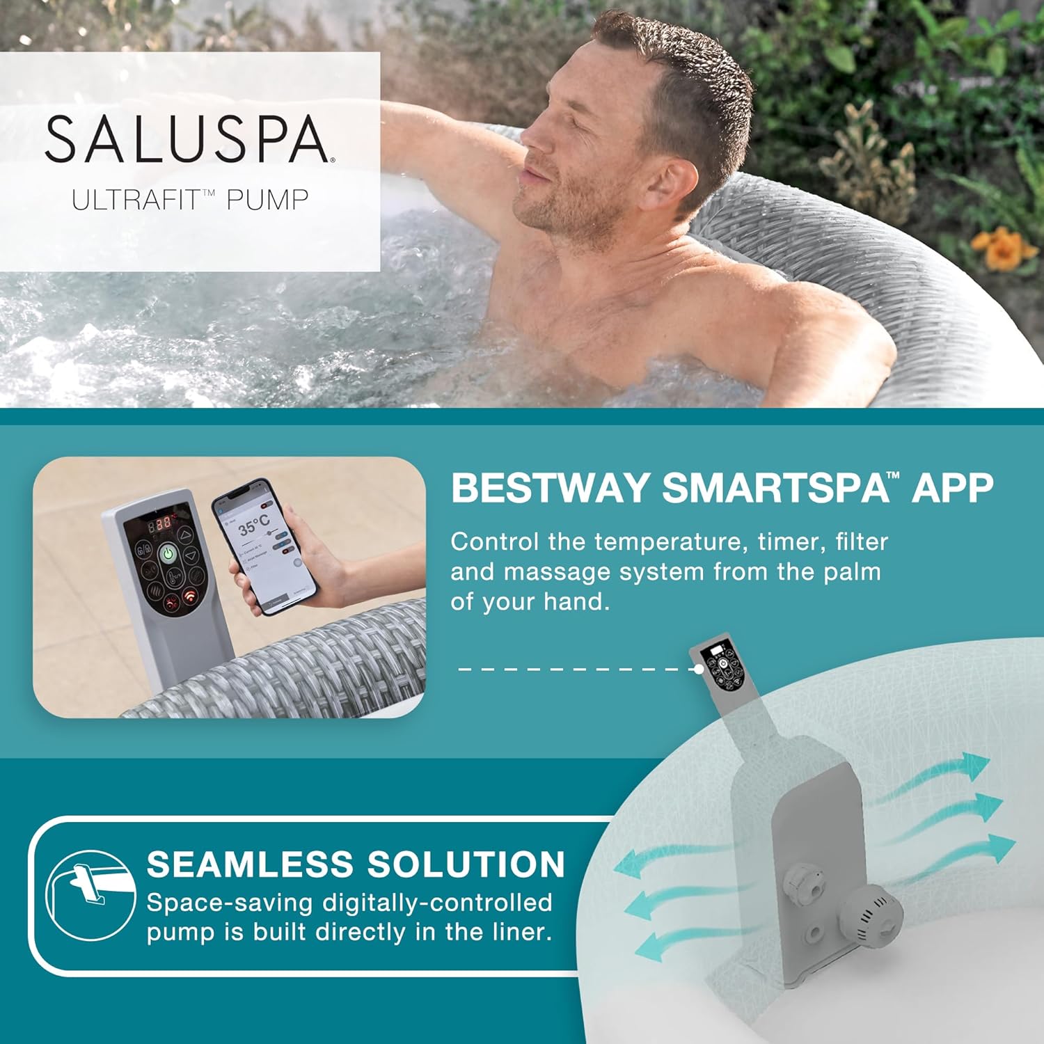 Image showing the Bestway SmartSpa App controlling the hot tub, with the digital control panel visible.