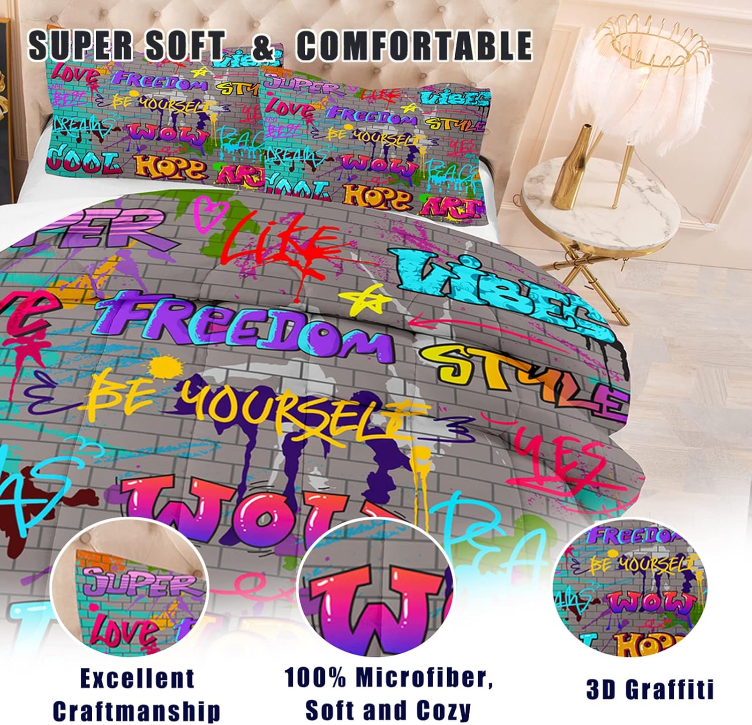 Get Cheap Price NINENINE Graffiti Comforter Bedding Set King for Boys Girls,3D Colorful Graffiti Text as Love Freedom on The Wall Pattern Bedding Set,Soft Microfiber Quilt Set with Matching Pillowcase#5003 Exclusive Special NINENINE Graffiti Comforter Bedding Set King for Boys Girls,3D Colorful Graffiti Text as Love Freedom on The Wall Pattern Bedding Set,Soft Microfiber Quilt Set with Matching Pillowcase#5003
