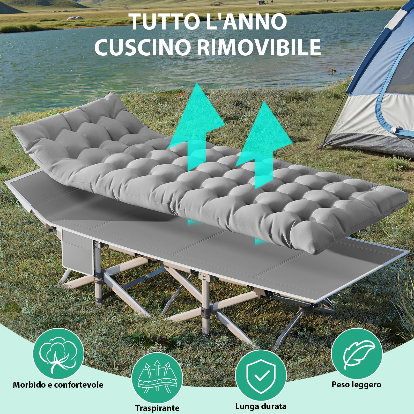 Lettino da Campeggio Pieghevole, Letto per Ospiti Resistente da 208 kg, brandina pieghevole con materasso per ufficio, viaggio, esterno, pesca, escursionismo, casa, telaio in metallo