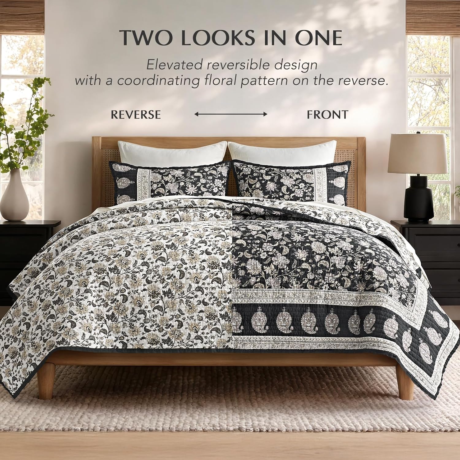 EverGrace Cotton Quilt Set King Size, 100% Cotton Reversible Lightweight Bedspread Coverlet, Vintage Floral Farmhouse Bedding, Traditional Botanical Quilt with 2 Pillow Shams, Ebony Taupe 108"×96" | Vintage Floral, 100% Cotton, Soft, Oeko-Tex Certified, Oversized, Reversible