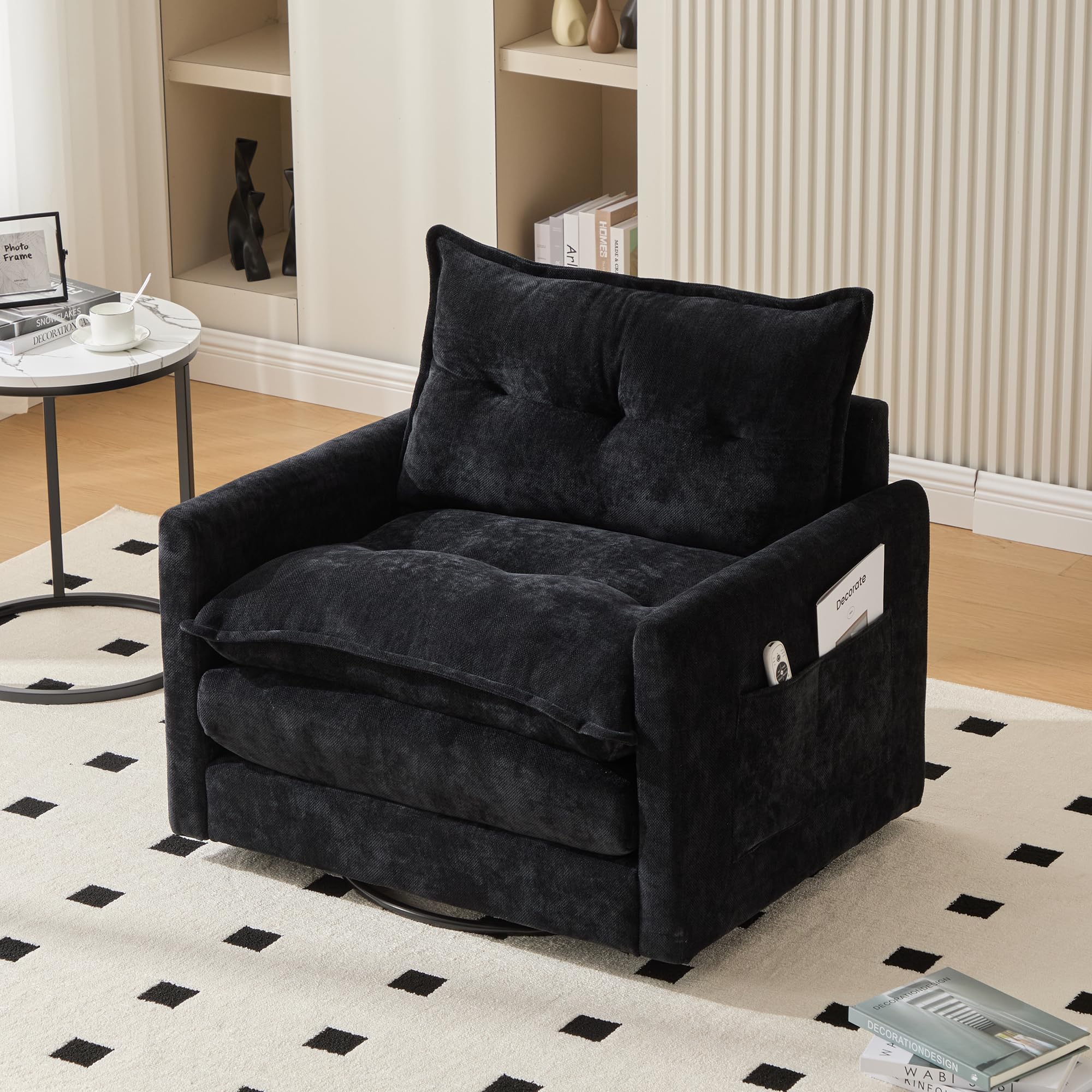 Modern Olive Green Cloud Swivel Accent Chair, Chenille Upholstered Arm Chair, Comfy Reading Chairs, Single Sofa for Living Room Office Bedroom Apartment (Black)