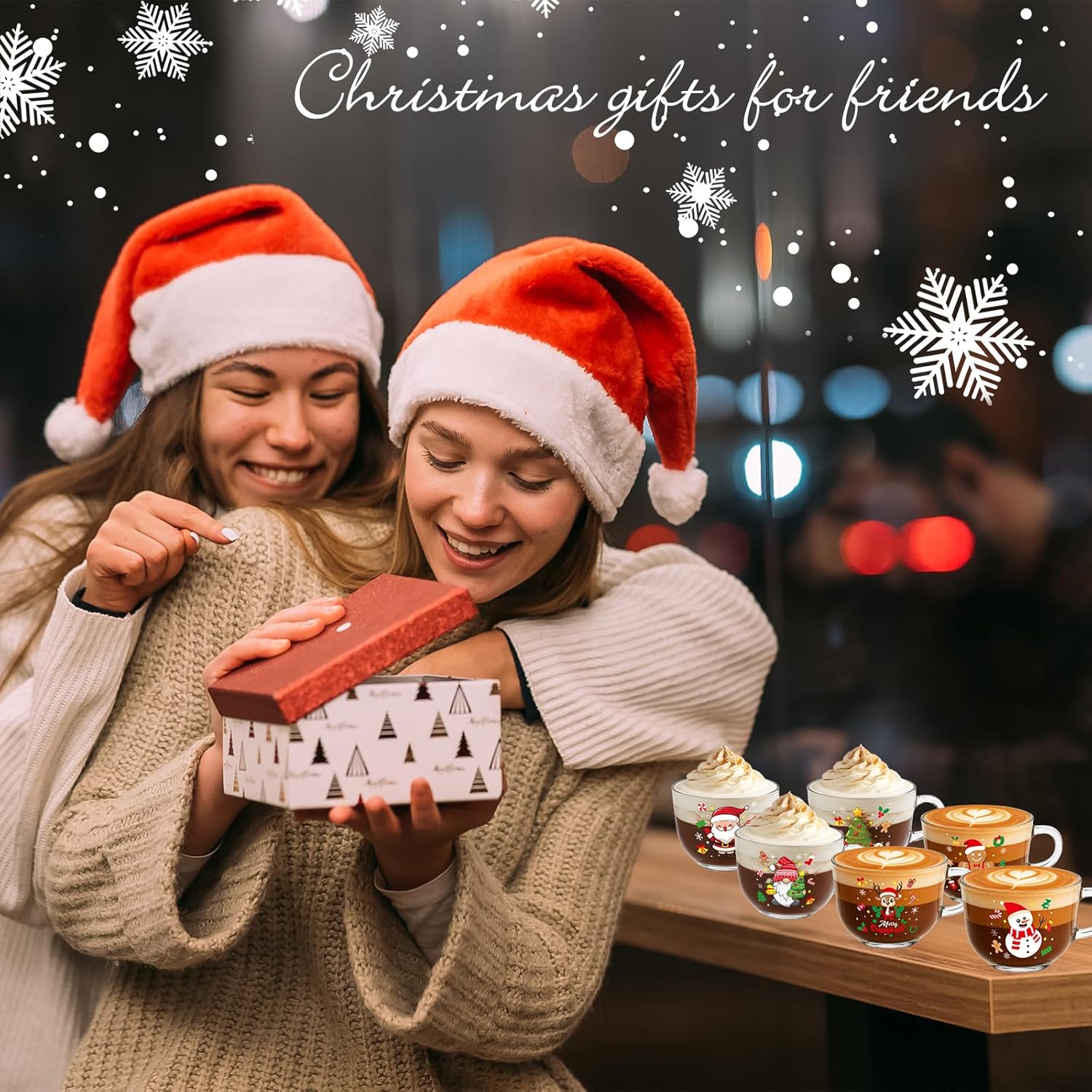 Vesici 12 Pcs Christmas Glass Coffee Mugs with Handle 16 oz Clear Christmas Glasses Winter Xmas Glass Mugs Santa Claus Snowman Cups Xmas Gift for Women Men Beverage Milk Hot Chocolate (Multi Style)