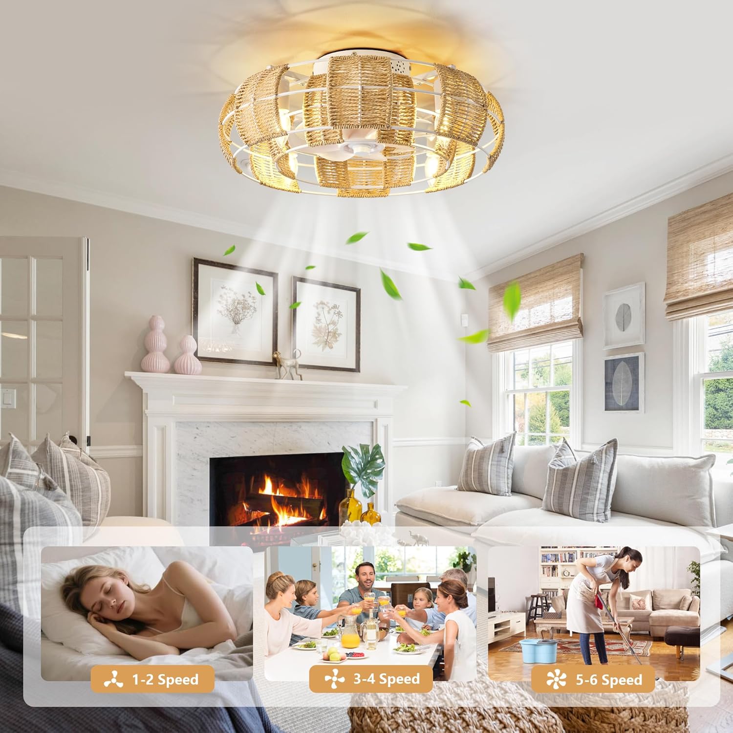 22 inch Caged Ceiling Fan with Light - White Iron Cage with Rattan Accents 6 Speed Reversible Motor Boho Fandelier with Light Remote Control and App Control for Bedroom, Living Room and Kitchen