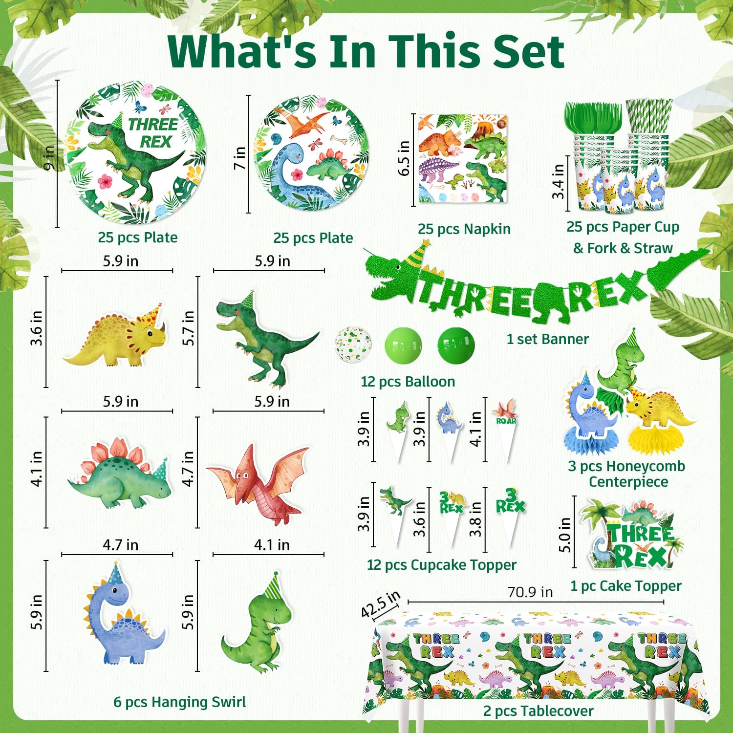 Three Rex Birthday Decorations Boy - 187 Pieces Set for 25 Guests, Includes Tableware, Banner, Hanging, Balloon, Cupcake Topper, Tablecloth- Perfect for 3rd Birthday & Dinosaur Theme Parties