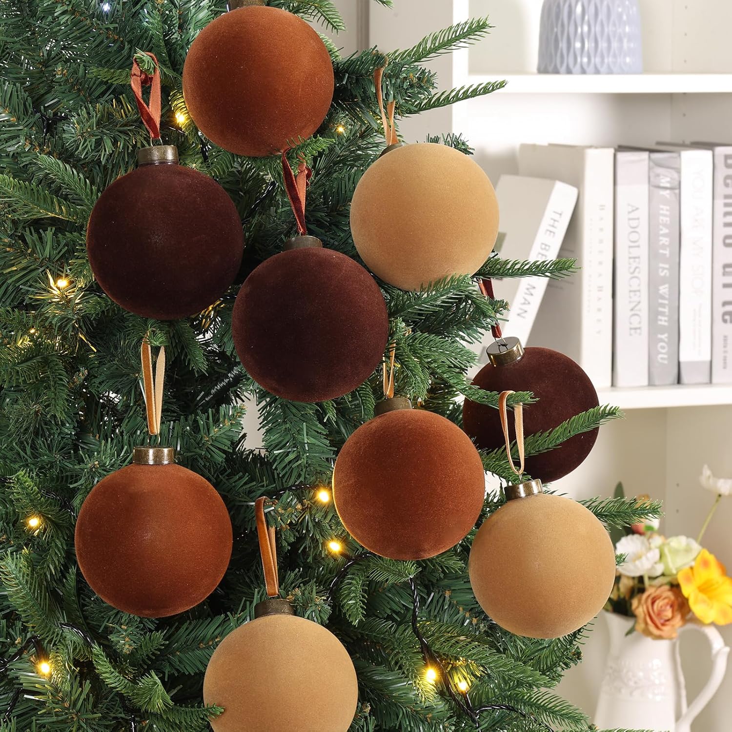 9 PCS Christmas Velvet Balls Flocked Xmas Tree Ball Ornaments Christmas Large Ball Set Xmas Tree Hanging Decoration 4 Inch, 6 Inch (Dark Color, 4inch) Dark Color 4inch