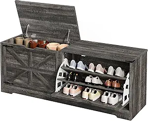 DWVO Shoe Storage Bench, 55" L Shoe Cabinet with 3 Flip Drawer & Flip-Top Storage, Farmhouse Modular Tilt-Out Organizer for Entryway, Mudroom, Bedroom