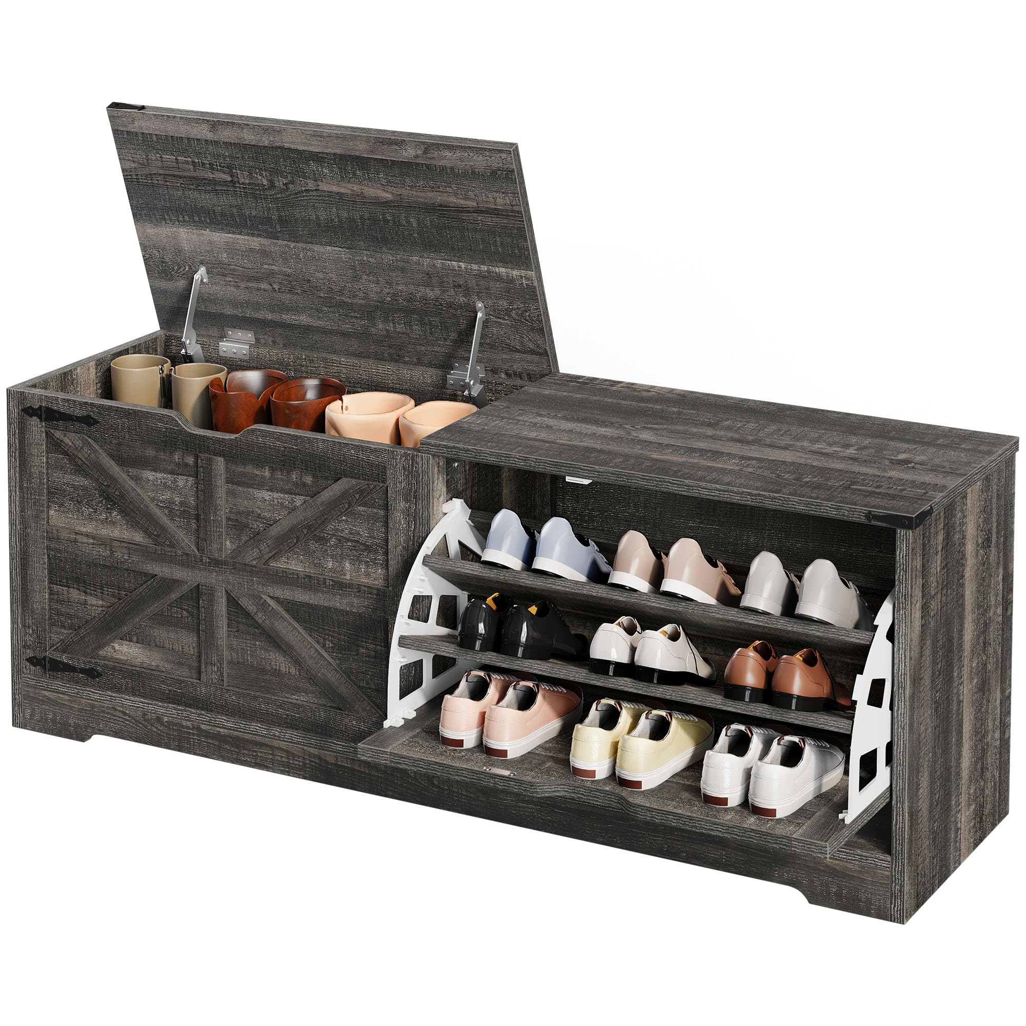 DWVO 55" Farmhouse Shoe Storage Bench with 3 Flip Drawers | 3 tilt-out drawers, flip-top storage, farmhouse style, for entryway mudroom bedroom, sturdy wooden structure, easy setup
