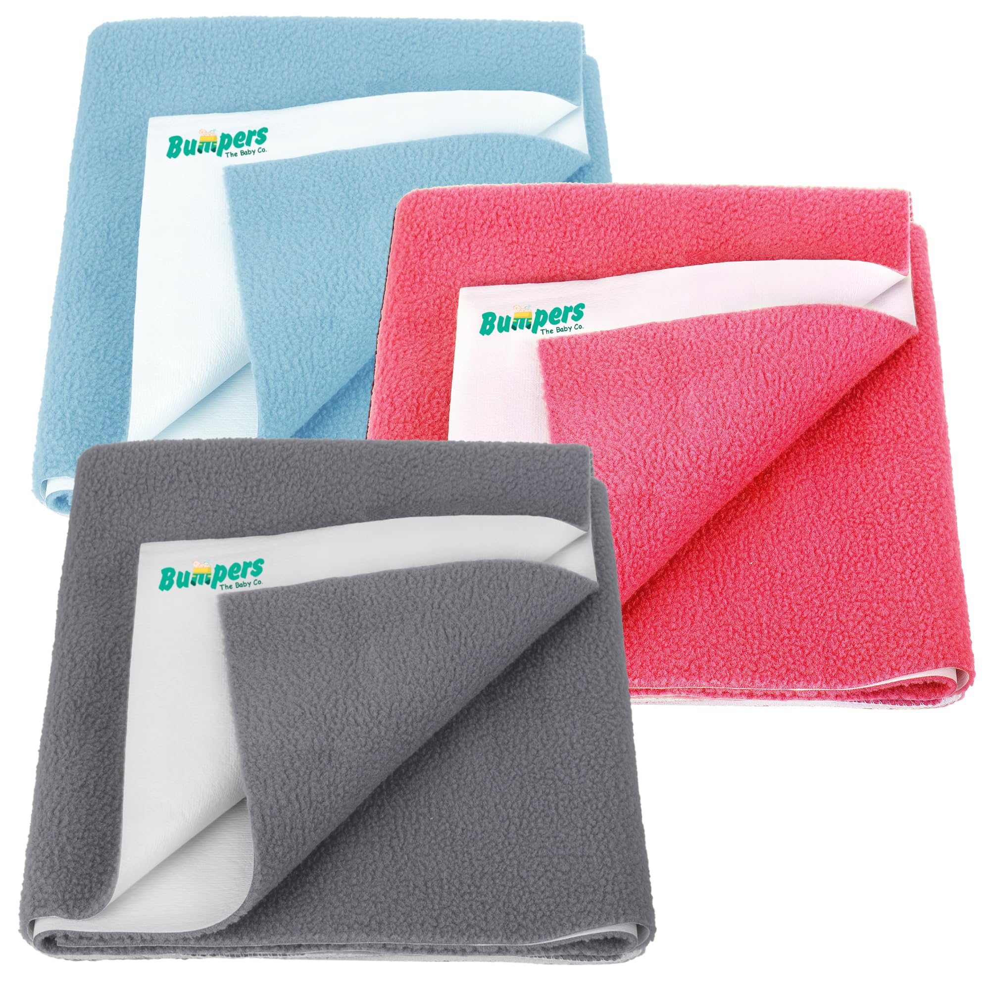Bumpers Anti-Piling Quick Dry & Absorbent Sheet Polycotton Baby Bed Protecting Waterproof Mat (Salmon Rose, Grey, Light Blue, Small (70 x 50cm), Pack of 3)