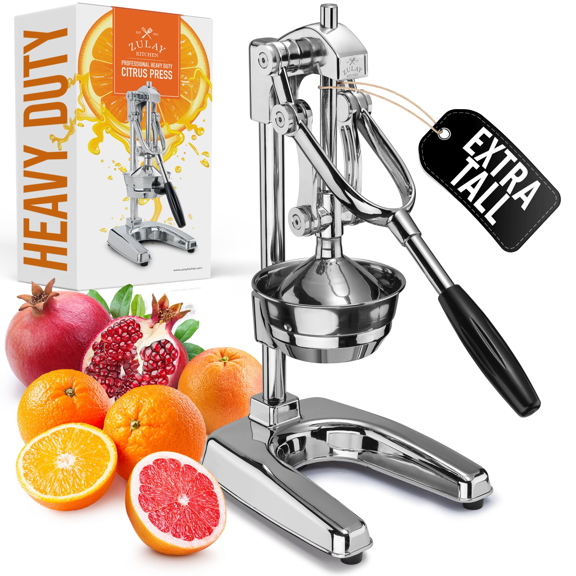 Zulay Kitchen Professional Citrus Juicer - Chrome Finish Manual Citrus Press and Orange Squeezer - Metal Lemon Squeezer - Extra Tall Heavy Duty Manual Orange Juicer and Lime Squeezer Press Stand