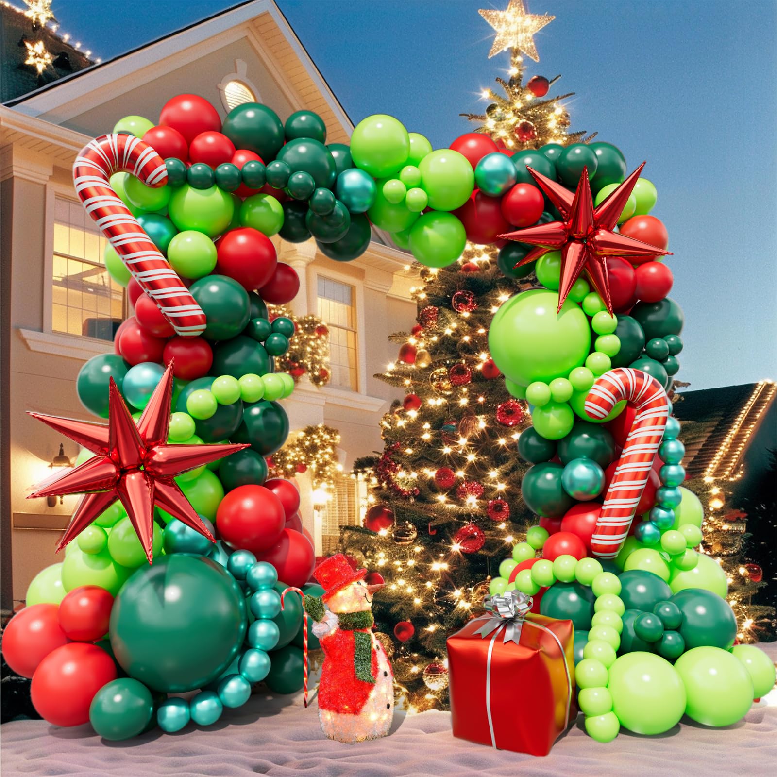 Bonropin 183pcs Christmas Balloon Garland Arch kit with Christmas Red Lime Dark Green Metallic Green Balloons Candy Cane Gift Box Explosion Star Foil