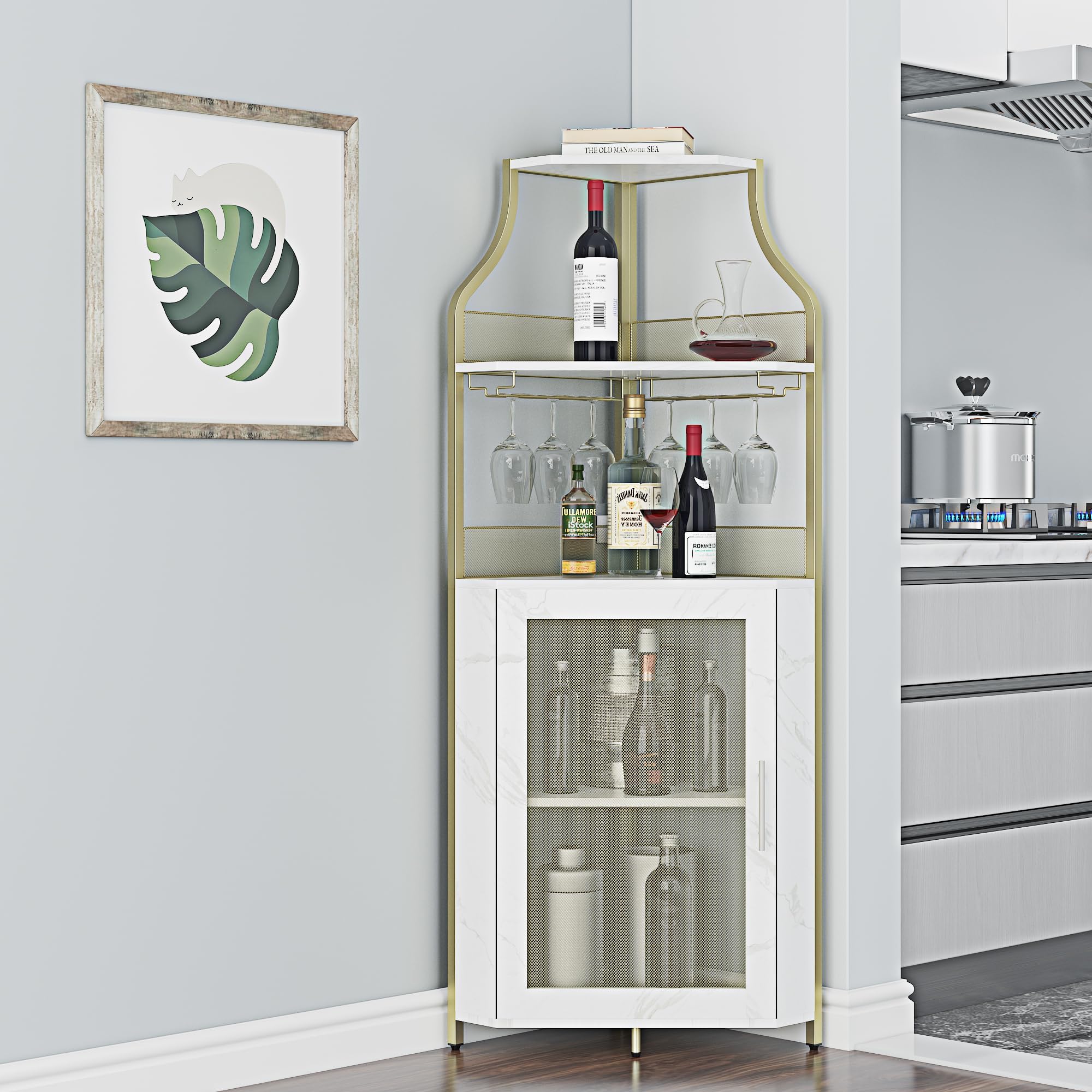 GarveeLife Armoire à Vin d'angle avec Casier à Bouteilles Amovible, Armoire Bar d'angle à 5 Niveaux avec Porte Coulissante Et Porte-Verres, Buffet De Style Fermier Et Bar d'Intérieur, Brun Rustique