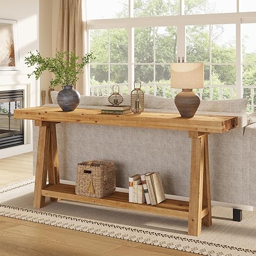 Mesa consola de madera maciza de 70.9 pulgadas para entrada, mesa de sofá larga de granja con estantes para sala de estar, pasillo, vestíbulo