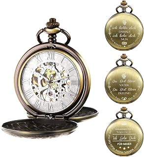 Mechanical Personalized Engraved Pocket Watch Skeleton Double Cover Roman Numerals Dial Personalized Gift with Box and Chain for Men Gift for Dad Son