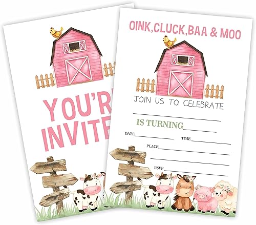 Invitación de fiesta de cumpleaños de granja, tarjetas de invitación de animales de granja (20 unidades) con sobres, tarjetas de invitación de