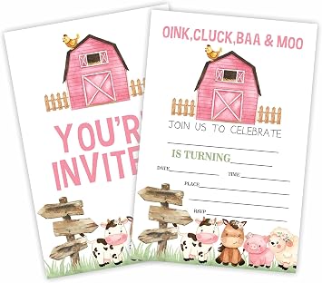 GREOXG Farm Birthday Party Invitation, Barn Farm Animals Invite Cards20 Count With Envelopes, Barnyard Fill In Style Invite Cards For Boys, Girls, Kids, Birthday Party Supplies-A28