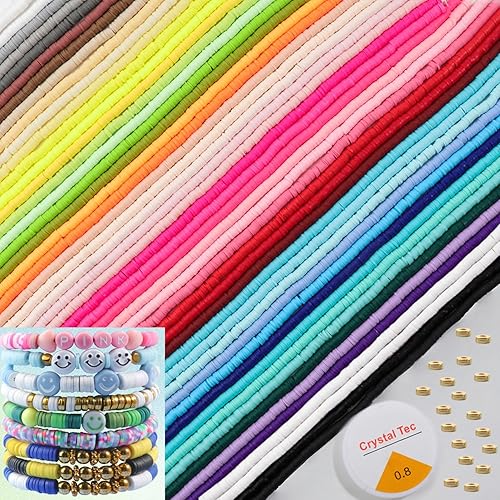 Yochus Kit de pulsera de cuentas de arcilla de 50 hebras, 19000 unidades, cuentas planas redondas de arcilla polimérica de 0.236 in, cuentas Heishi