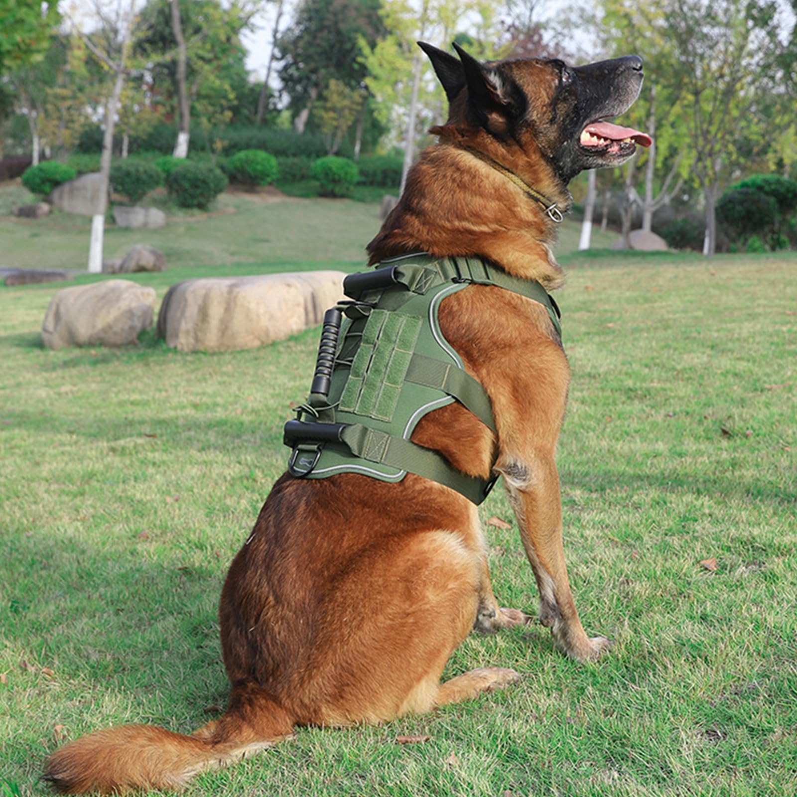 Pettorina Tattica per Cani, Pettorina Militare Gilet Regolabile, Air Mesh Pettorina per Cani Catarifrangente Non-Pull Imbracatura con 1 Impugnatura Comoda E Set di Sistema Molle,Verde,XL