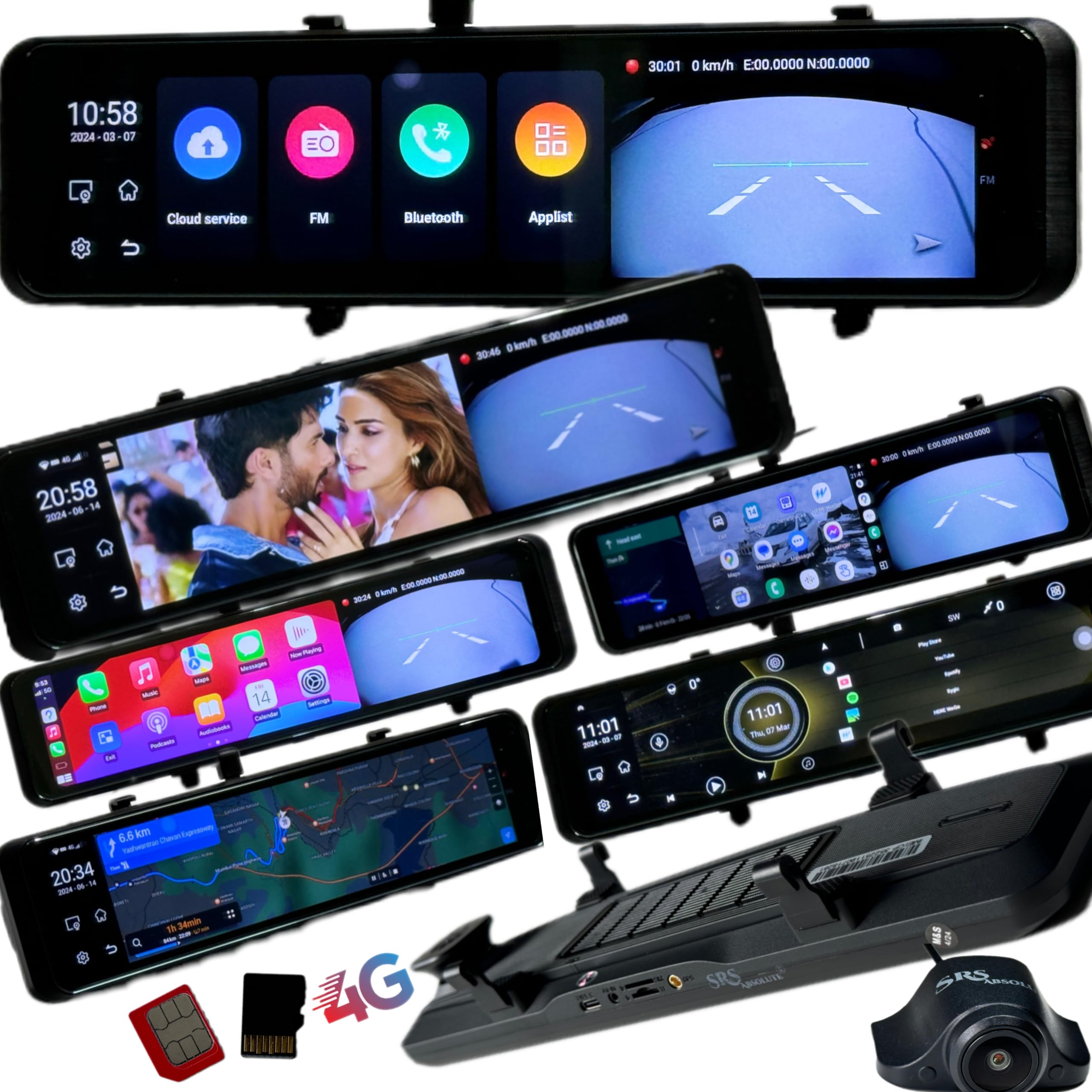 2K 4G Mirror Dash Cam Android ADAS Wireless CarPlay Steering control 24x7 Live Audio Video GPS Track Record BT WIFI HotSpot 1TB MicroSD SIM Support Map App PlayStore Split Screen S12Ultra