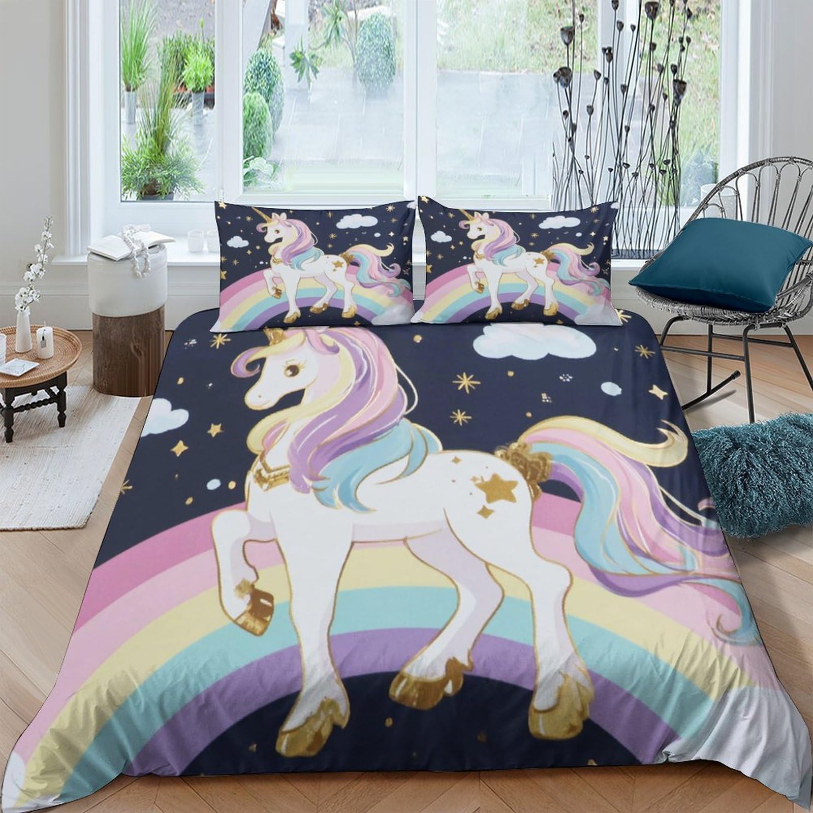 TUFRTGYHN 3D Printed Unicorn Rainbow Duvet Cover Microfiber Soft Breathable Fantasy Star Bedding Set with 2 Pillowcases for Bedroom Decor Single（135x200cm）