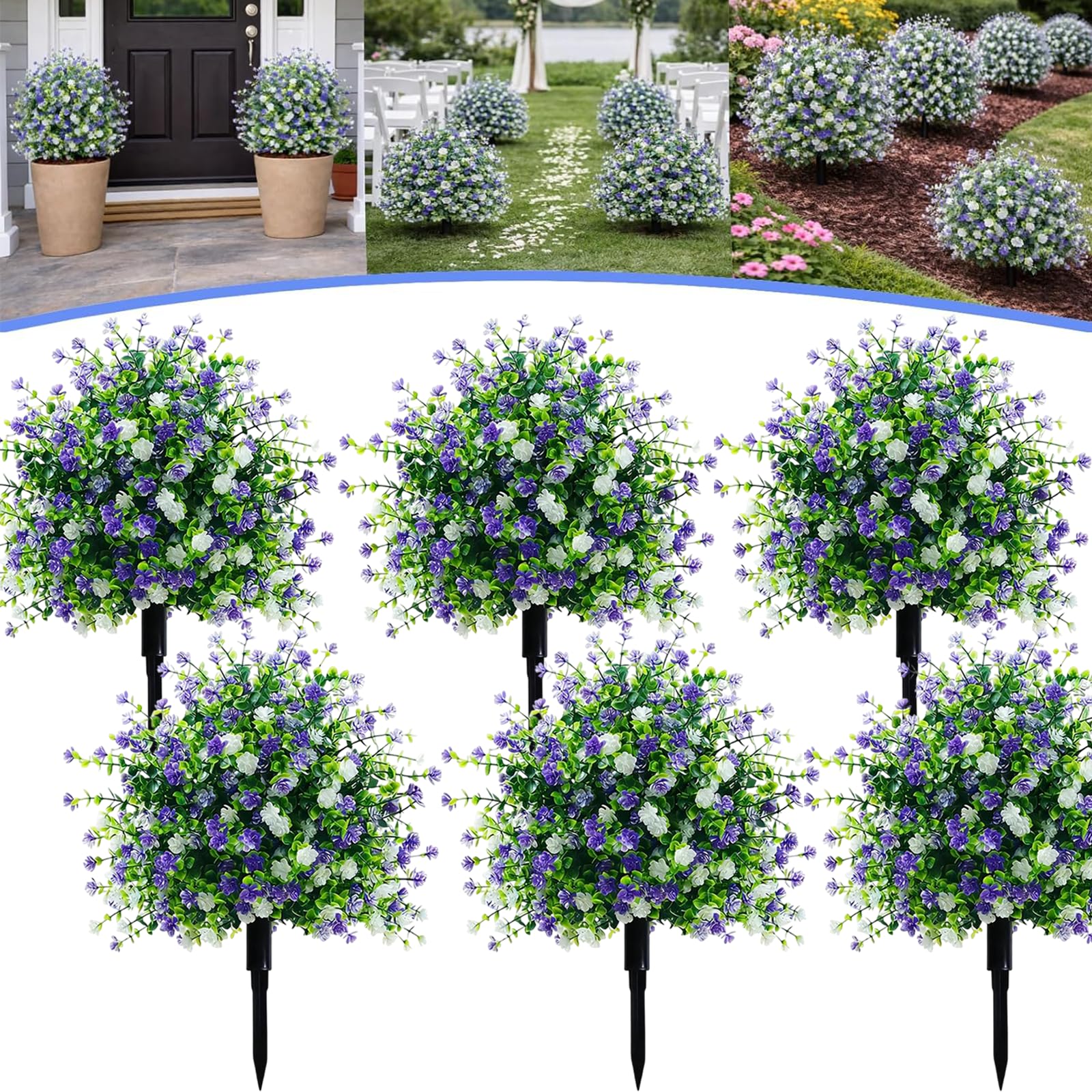 Artificial Potted Trees with Ground Stakes, UV Resistant Faux Camellia Shrubs, Realistic Fake Bushes & Outdoor Artificial Plants Decor for Garden, Front Porch, Yard and Patio (6 PCS)