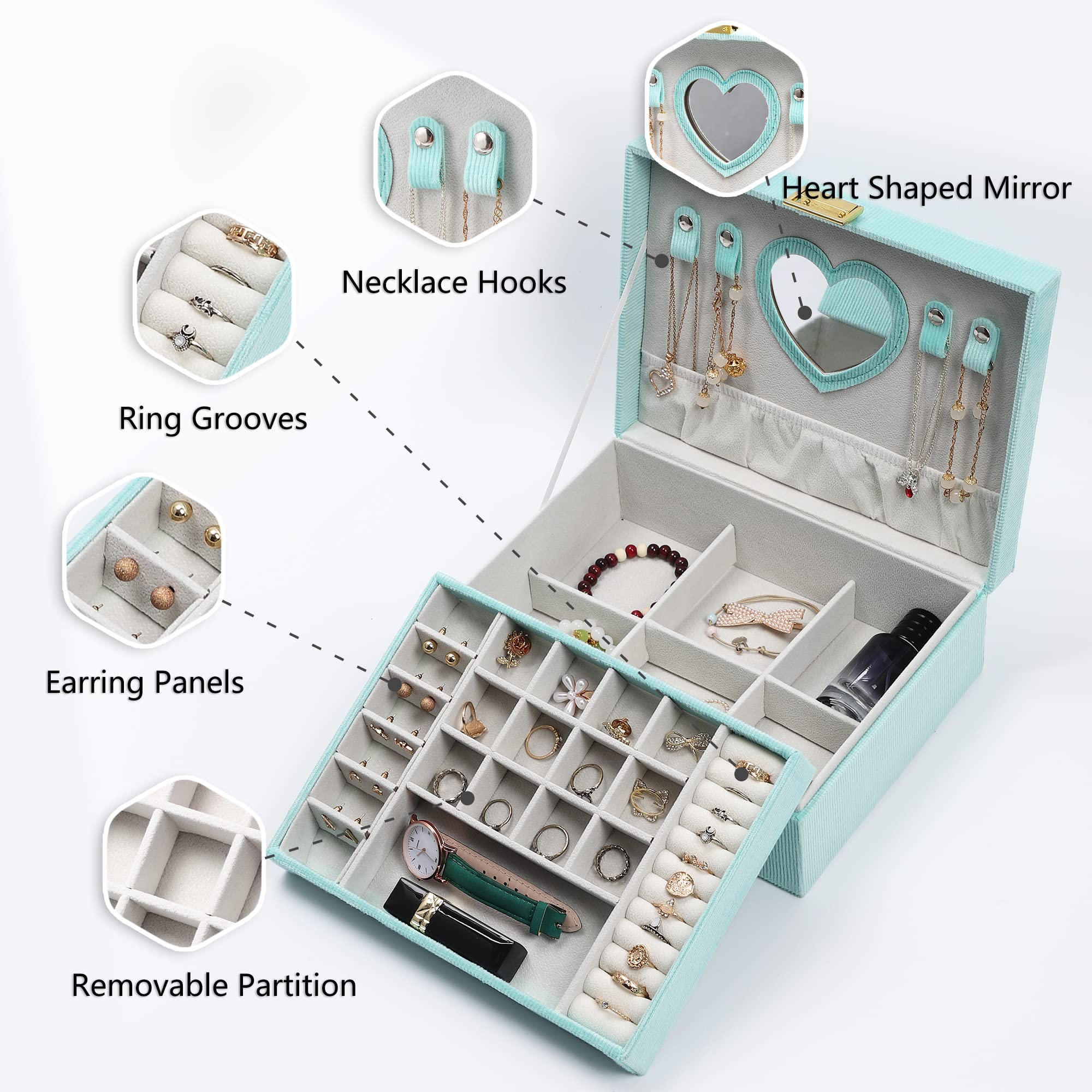 Joyero de terciopelo para mujeres y niñas, organizador de joyas, organizador de joyas grande de 2 capas para anillos, collares, pulseras, aretes de reloj (verde)