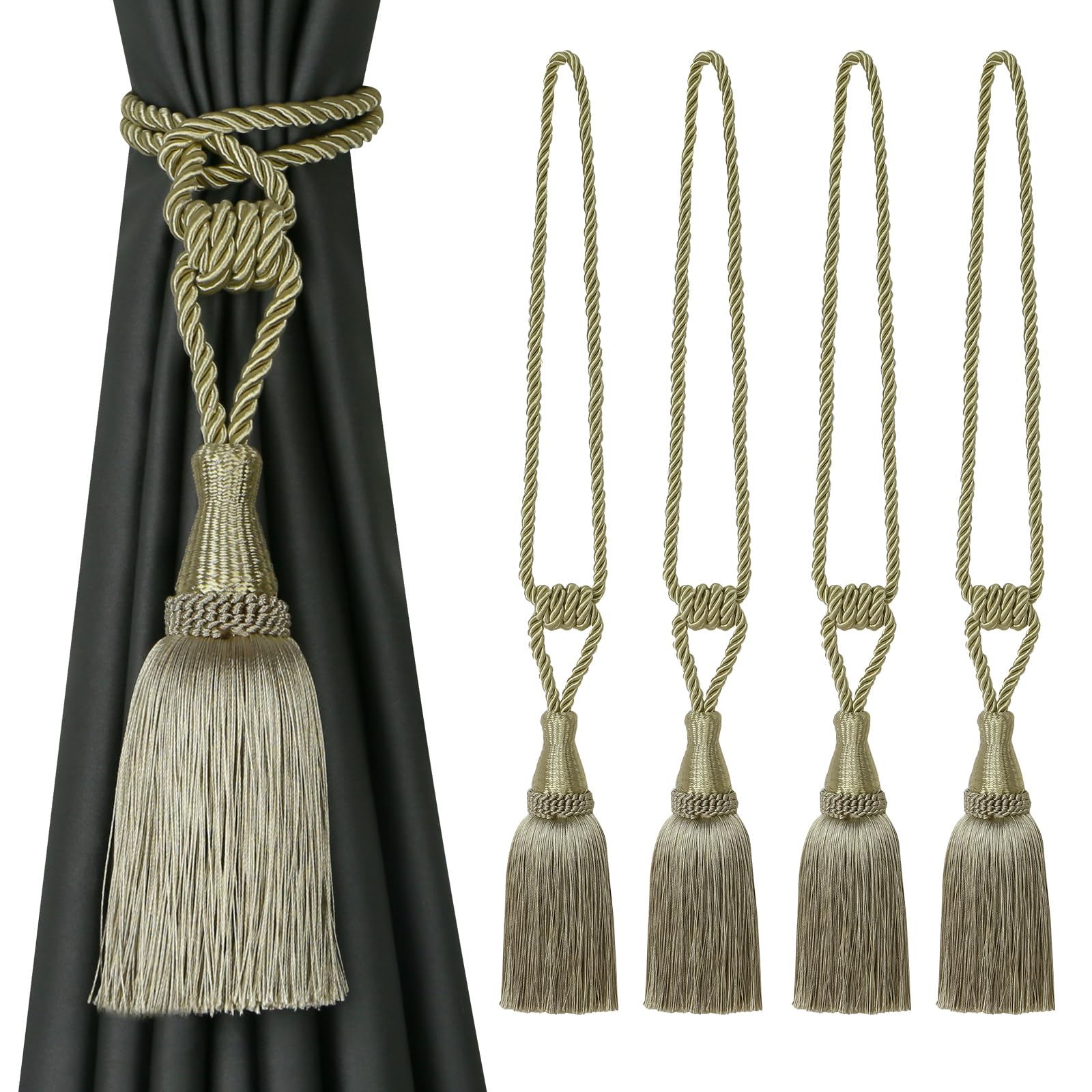 Tassel Curtain Tiebacks， Braided Rope Curtain Tiebacks With Tassels Multicolor 2/4 Packs(Dark Beige,4 Pack)
