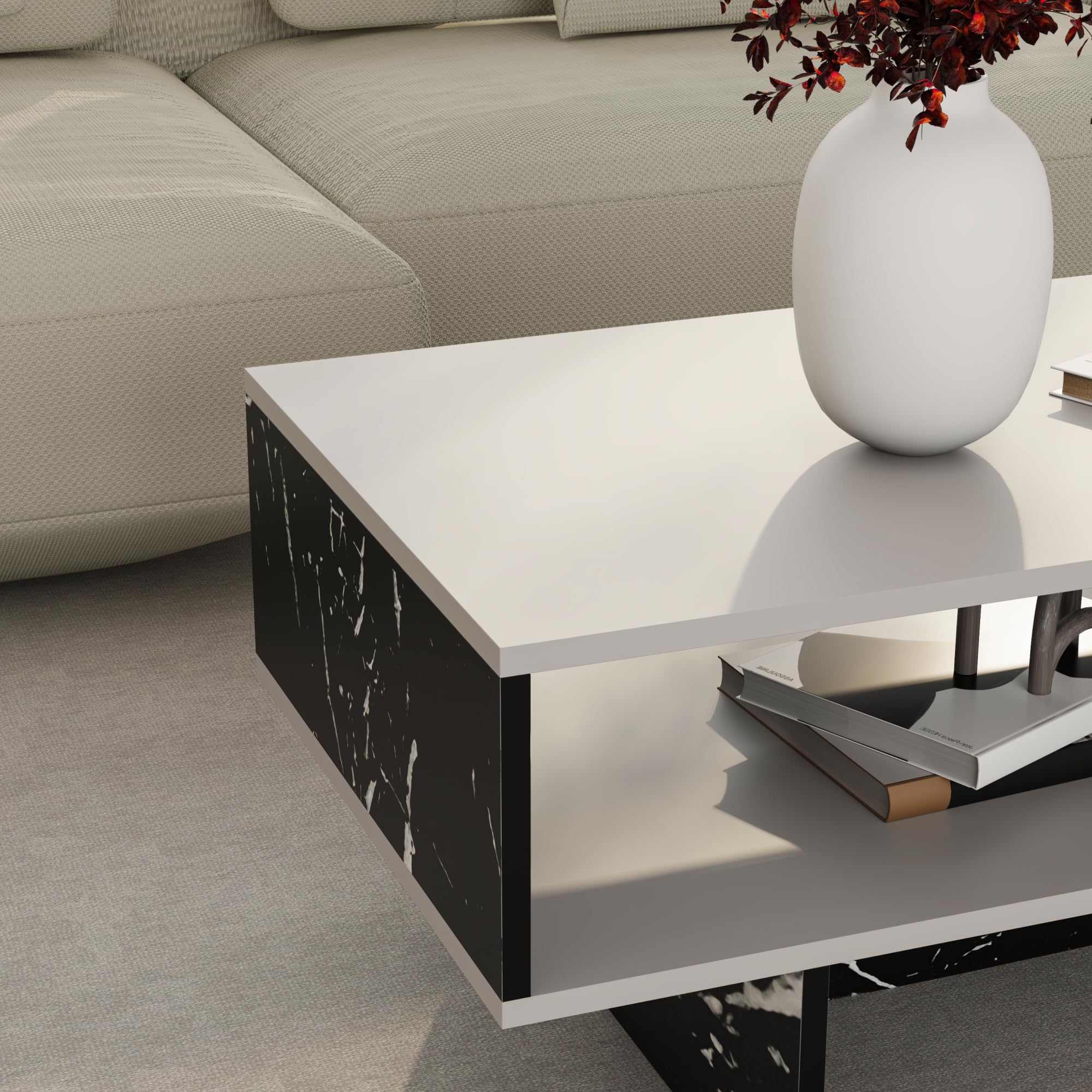 [en.casa] Mesa de Centro Mesa Auxiliar Rectangular Mesa Baja Estable con Estante para Salón Aglomerado 37 x 80 x 45 cm Blanco/Mármol Negro