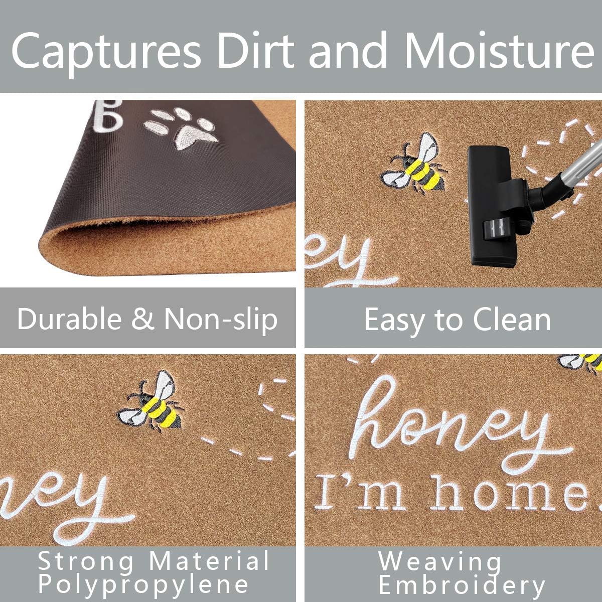 Large Front Door Mat Outdoor Entrance Front Door Mats Indoor Entrance Welcome Mat Honey I'm Home Bee Rugs with Non Slip Durable Rubber Backing Kitchen Washable Rugs Brown Mat