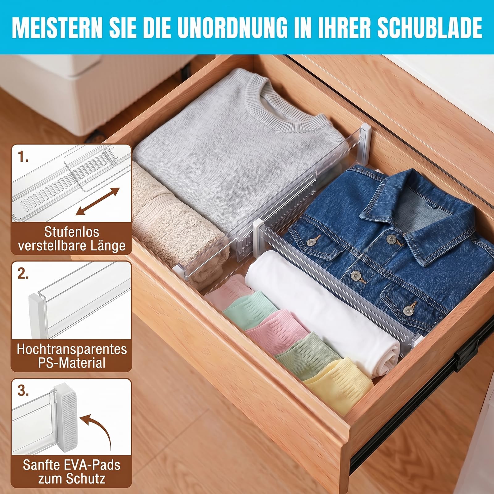 Set di 8 Divisori per Cassetti Regolabili | Separatori Trasparenti (Lunghezza: da 28,7 a 50,5 cm) | Divisori Organizer per Cucina, Guardaroba, Scrivania e Cassettiera