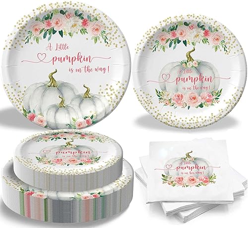 Yuzioey Decoraciones de baby shower con diseño de calabaza pequeña, vajilla para baby shower para 25 invitados, suministros de baby shower con