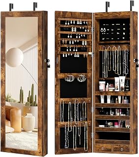 sogesfurniture Lockable Wooden Jewelry Cabinet Mirror Cabinet Chest Armoire Wardrobe Storage Organizer, Armoire Organizer, Retro, BHCA-QH-7025-FG