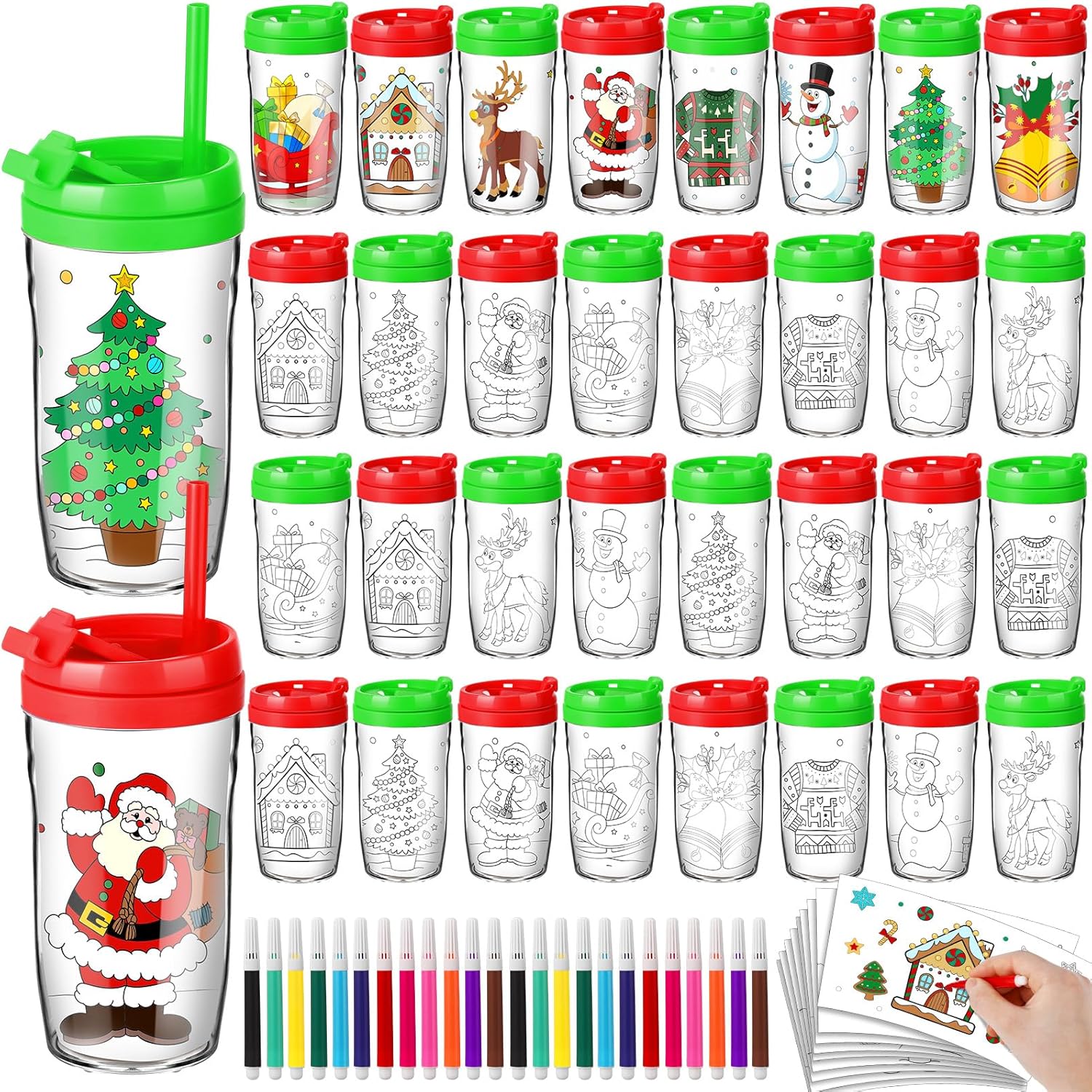 Teenyyou 32 Sets Christmas Color Your Own Cups 8 oz Christmas Coloring Cup with Lid and Straw DIY Mug Kit Paintable Tumblers with 24 Colorful Pens 32 Paper Inserts for Xmas Gifts Home Party Favors Cute 32(incomplete)