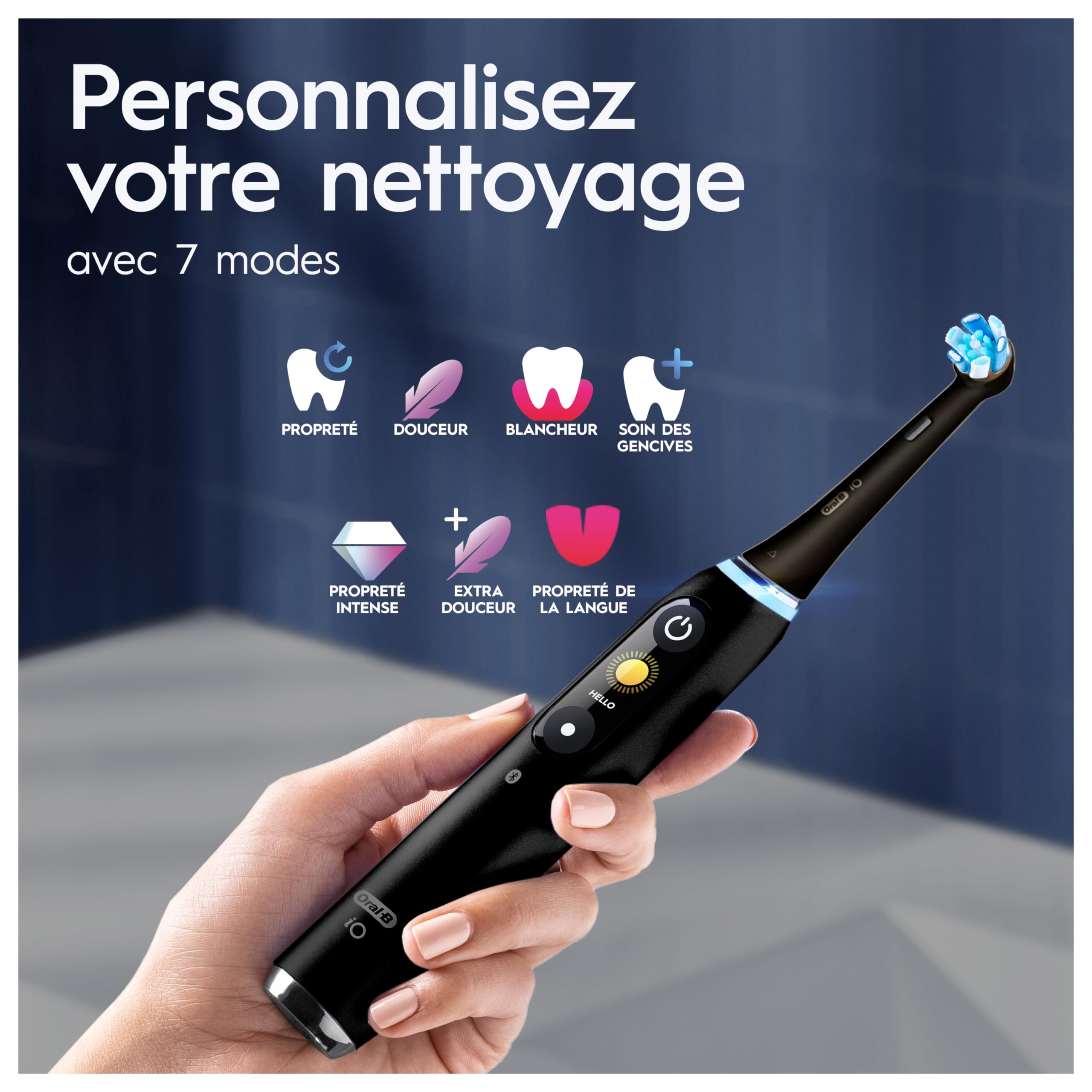 Oral-B Brosse à Dents Electrique iO 9, Brossette de Rechange, Noire – 7 Modes de Brossage dont Blancheur, Soin Gencives, Charge Rapide de la Batterie, Capteur de Pression, Etui de Voyage