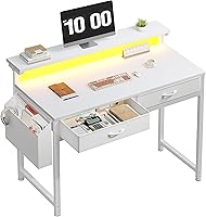 Durayloly 31.5 Inch White Computer Desk with 2 Drawers, LED Lights, Monitor Stand & Side Pocket for Home Office Small Spaces