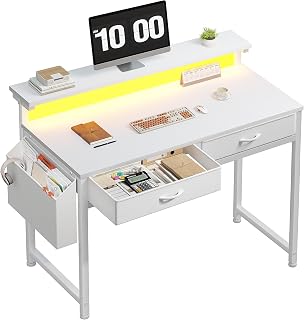 Durayloly 31.5 Inch White Computer Desk with 2 Drawers, LED Lights, Monitor Stand & Side Pocket for Home Office Small Spaces