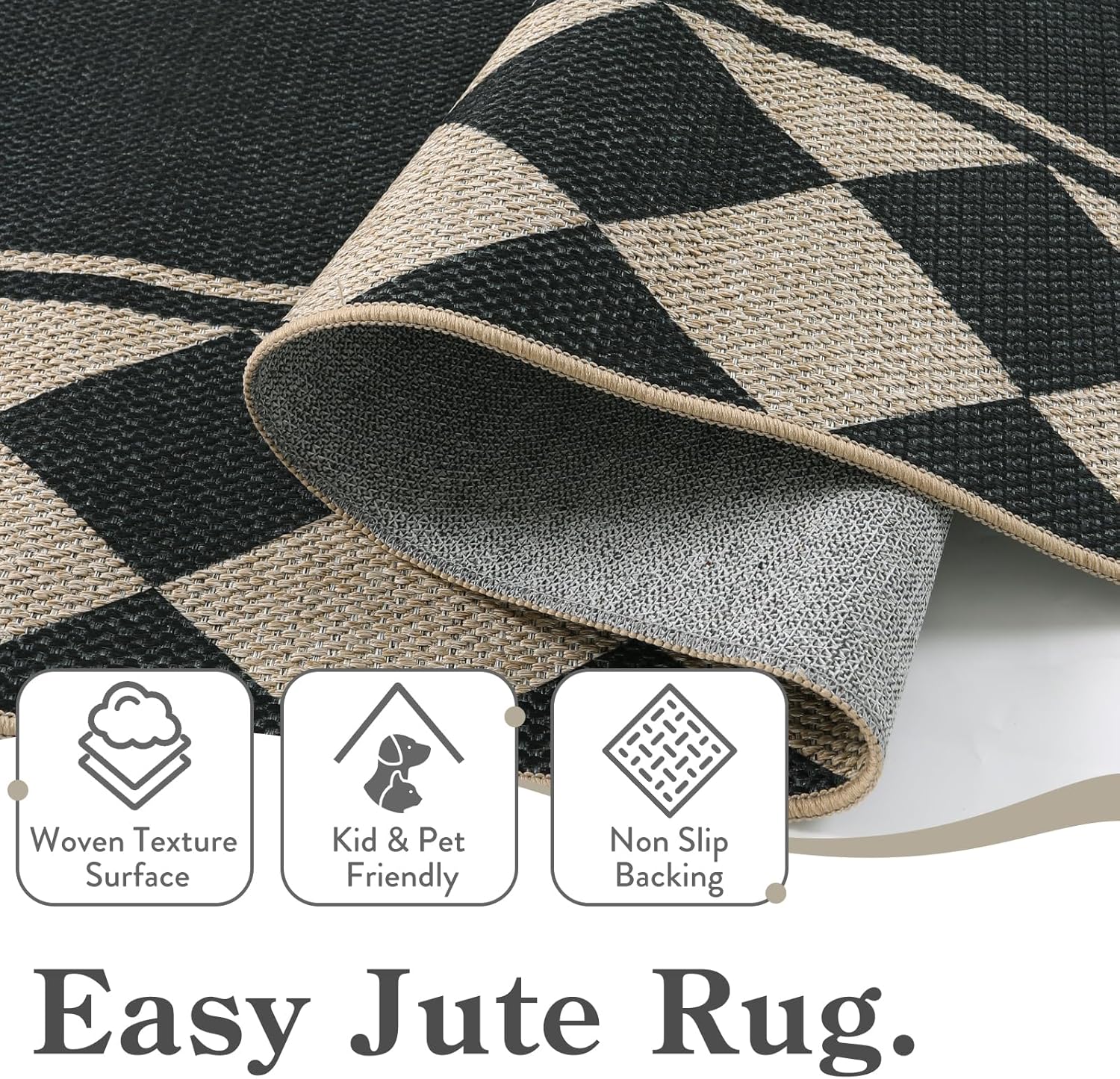 Moynesa Checkered Easy Jute Outdoor Patio Rug 3x5, Washable Indoor Outdoor Rugs for Entryway Non Slip, Farmhouse Carpet for Living Room Bedroom Kitchen Backyard Porches, Black Grid Pattern - Image 5