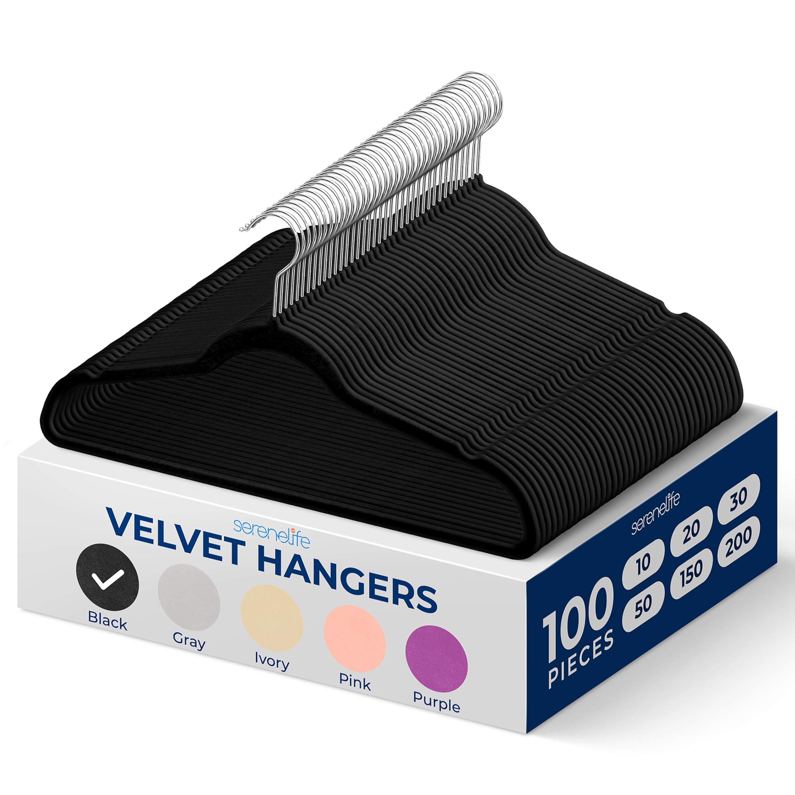 SereneLife Velvet Hangers, Heavy Duty Coat Hangers for Clothes, Non-Slip & Space-Saving, with 360° Swivel Hook, Ultra-Thin, Strong & Stylish, 100 Pack, (Black)
