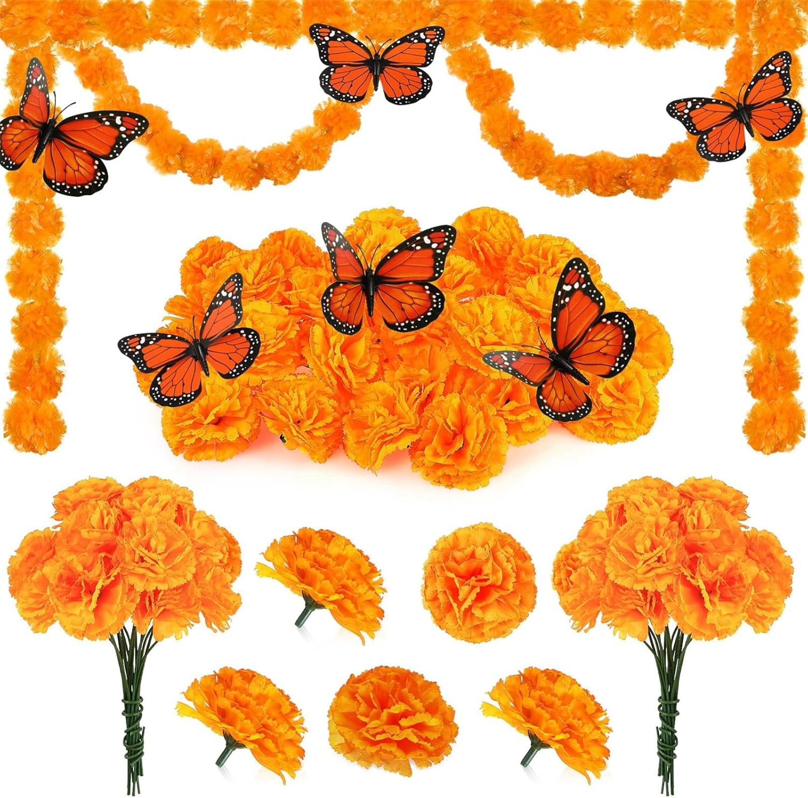 Fenxixione Orange 38Pcs Day Of The Dead Decorations Set, Include 2 Artificial Marigold Garland,30 Marigold Flowers With Stem, 6 Pcs Monarch Butterfly Decoration For Dia De Los Muertos Indian Diwali Decor (Orange)