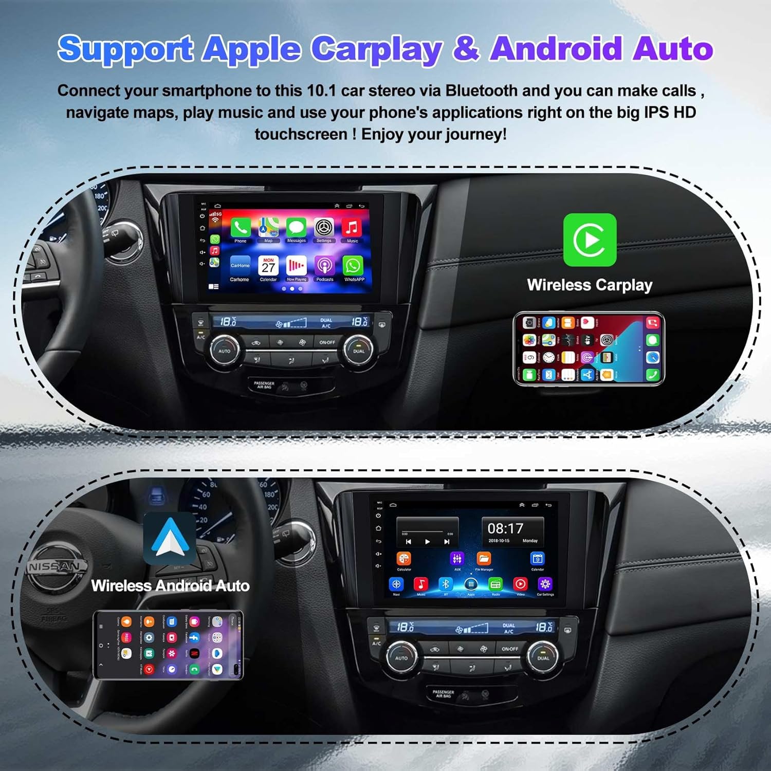 4G+64G Android 12 Car Stereo for 2014-2018 Nissan Rogue X-Trail Qashqai,5G WiFi Rogue Radio with 10.1'' Touchscreen Head Unit,Wireless Carplay/Android Auto,GPS Navi,Bluetooth 5.2,HD Rear Camera,SWC/FM